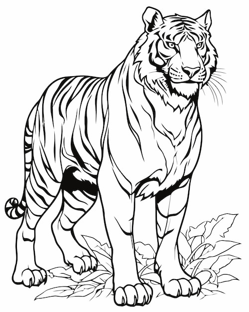 Premium vector a tiger in the jungle coloring page