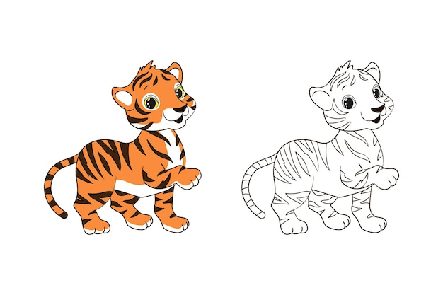 Premium vector coloring page for children little striped tiger cub vector illustration in cartoon style isolated line art