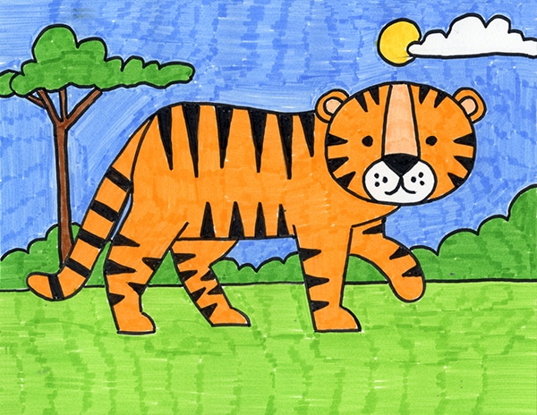 Easy how to draw a tiger tutorial video and tiger coloring page