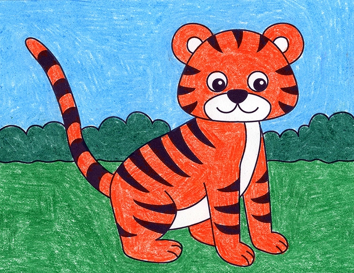Easy tiger drawing for kids tutorial and tiger coloring page