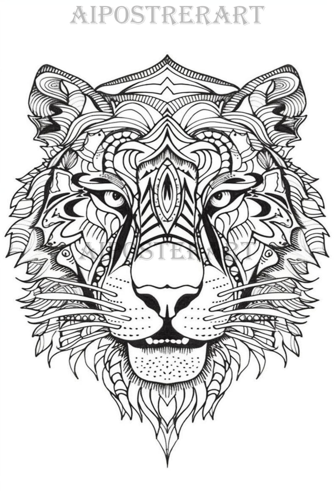 Tiger head mandala coloring sheet for adults printable coloring page advanced mandala style coloring high res x pixels instant download