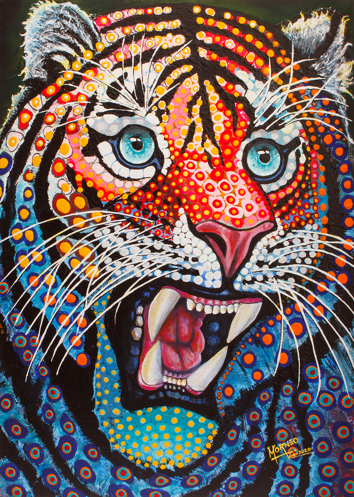 Acrylic pop art painting of tiger in mexican alebrije style