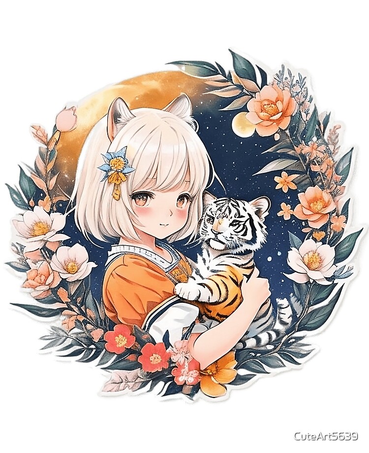 Wild whiskers cute anime girl with tiger ears and flora