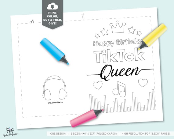 Tiktok printable birthday card printable tik tok queen card coloring tik tok greeting card tiktok party tik tok happy birthday card