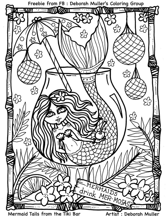 Pages gigital coloring instant download pictures tiki bar mermaids coloring pages adult color digital art tropical hawaiian