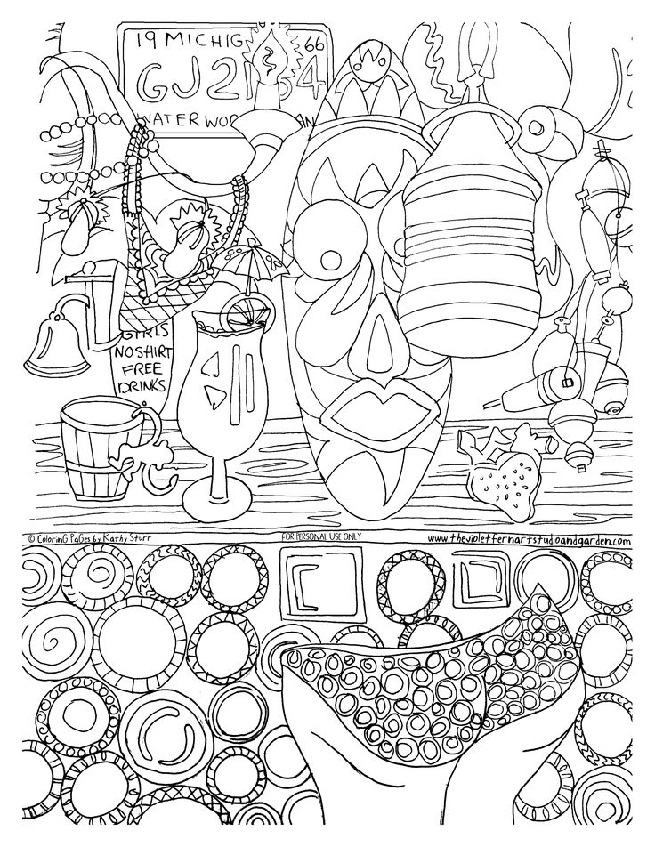 Tiki bar hand drawn coloring pages by artist kathy sturr coloring books coloring pages color