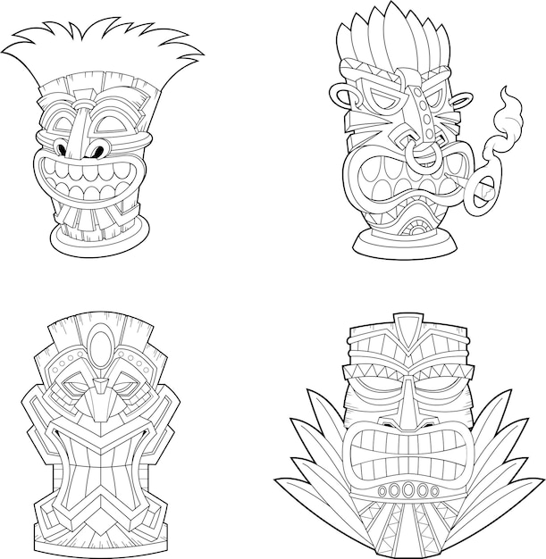 Premium vector outlined cartoon tiki tribal wooden masks vector hand drawn collection set