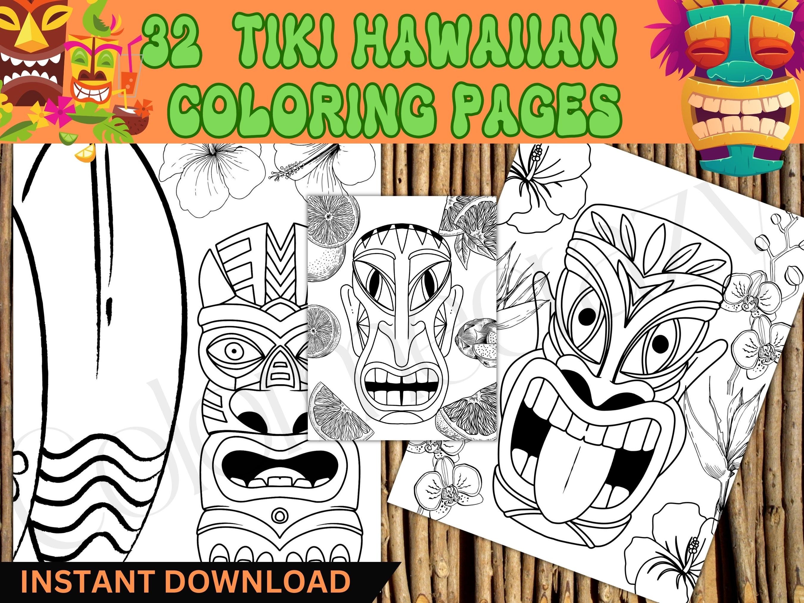 Tiki coloring book pageshawaiian colouring sheetschildrens coloring packdigital downloadpdf printable coloring