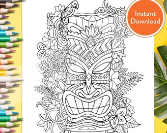 Printable tropical tiki digital coloring page instant download