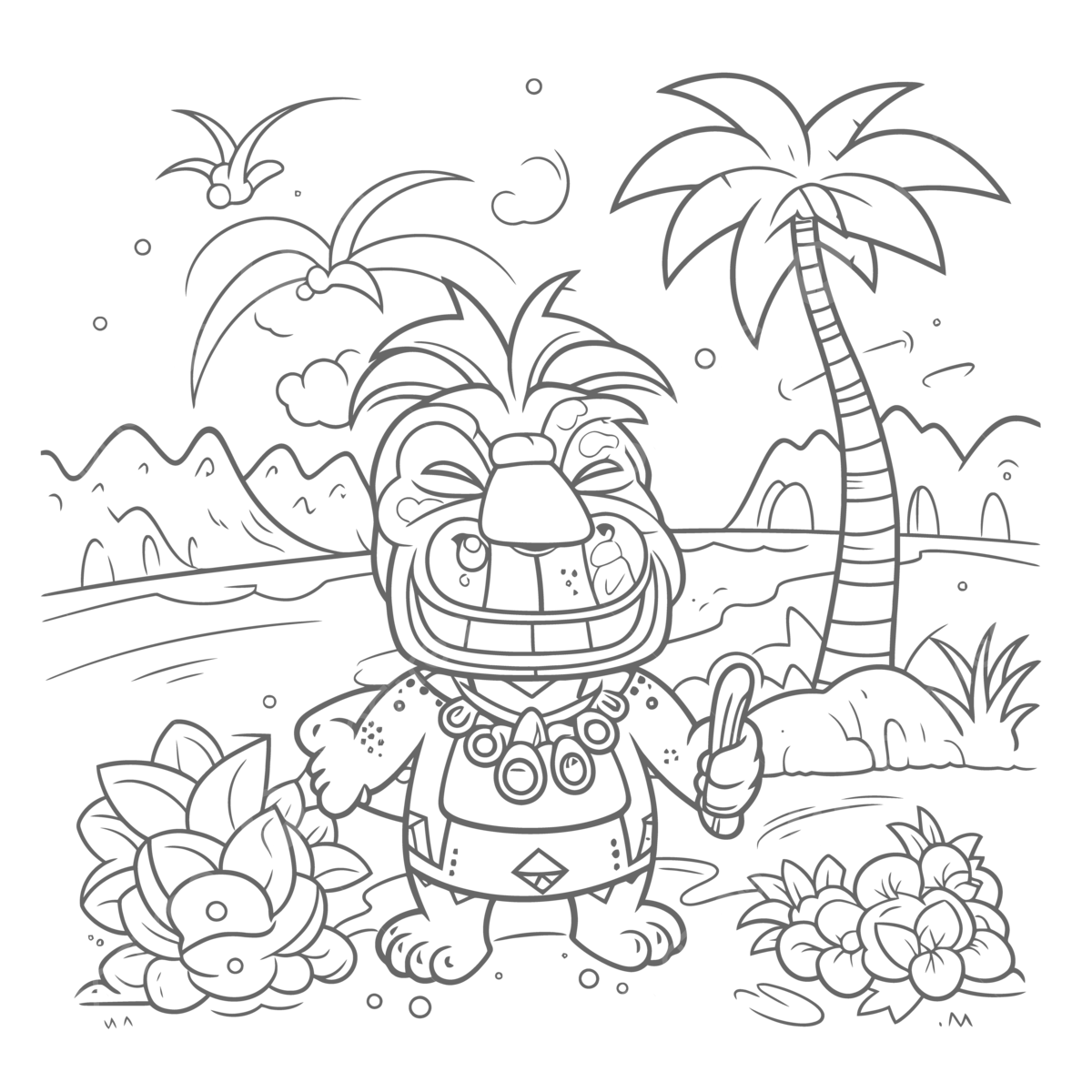 Tropical coloring page with an olihi tiki in the background outline sketch drawing vector hawaii drawing hawaii outline hawaii sketch png and vector with transparent background for free download