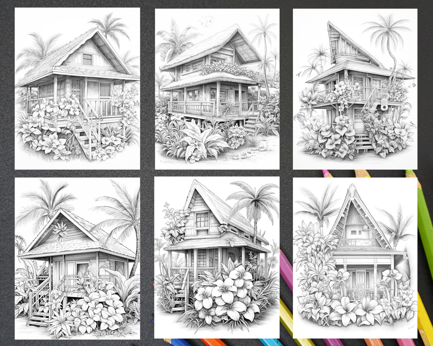 Hawaii tiki houses grayscale coloring pages printable for adults p â coloring