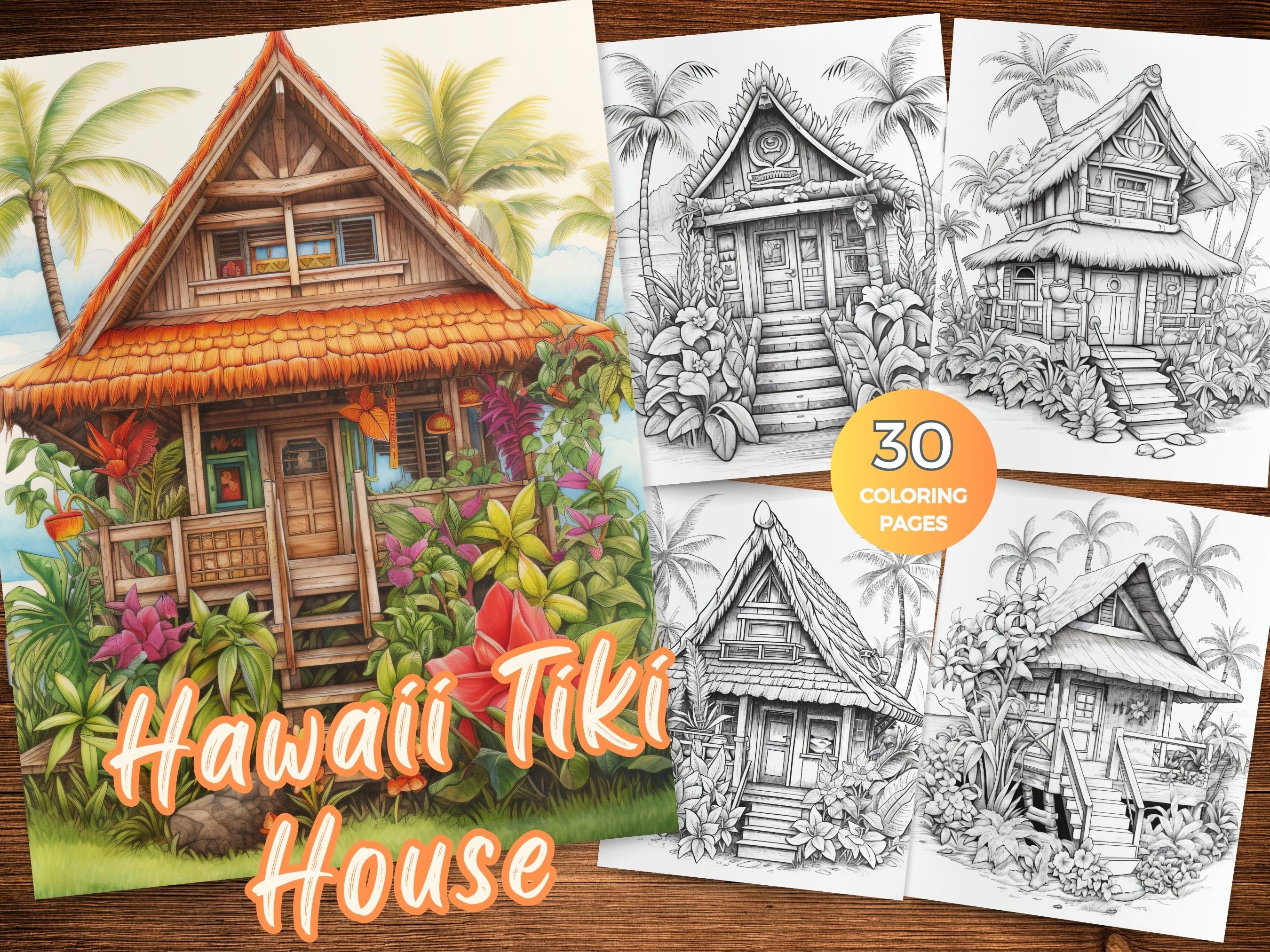 Hawaii tiki house coloring pages for adults exotic island house coloring sheets hawaiian paradise coloring book featuring tiki houses