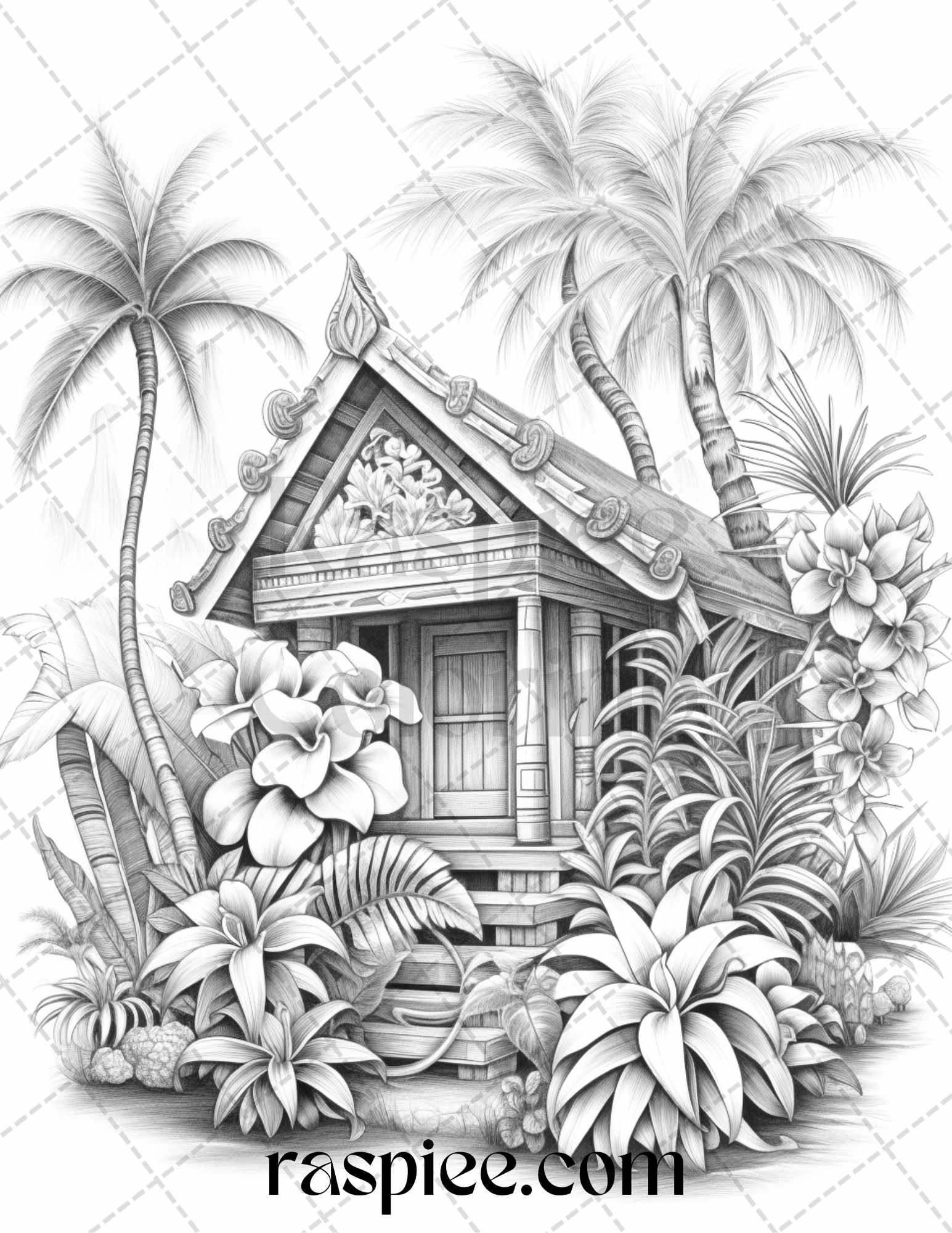 Hawaii tiki houses grayscale coloring pages printable for adults p â coloring