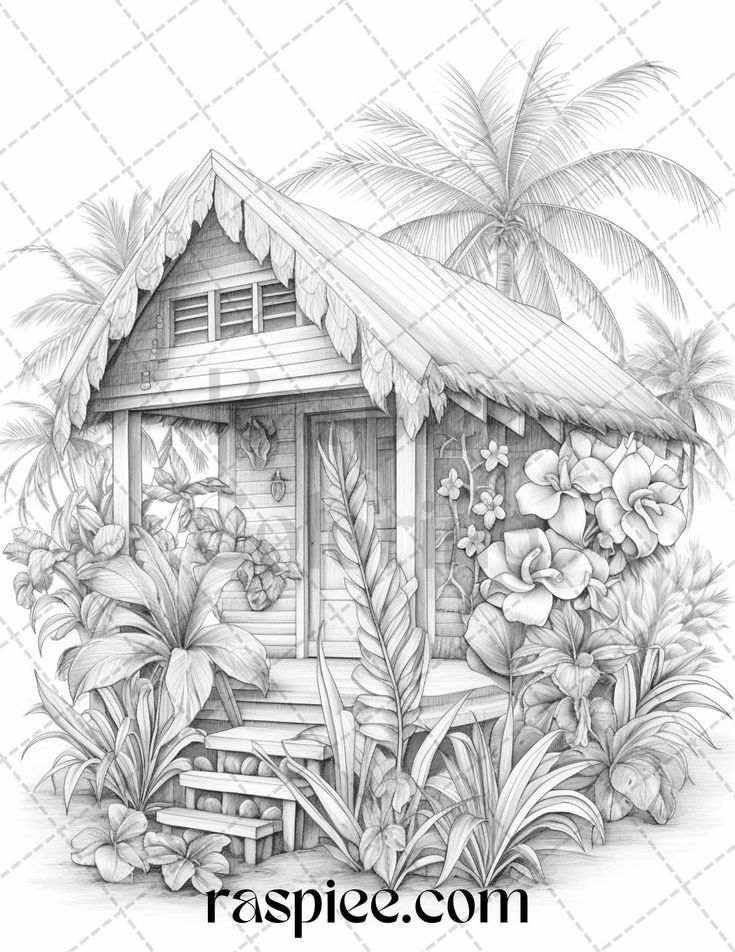Hawaii tiki houses grayscale coloring pages printable for adults p grayscale coloring tiki house coloring pages