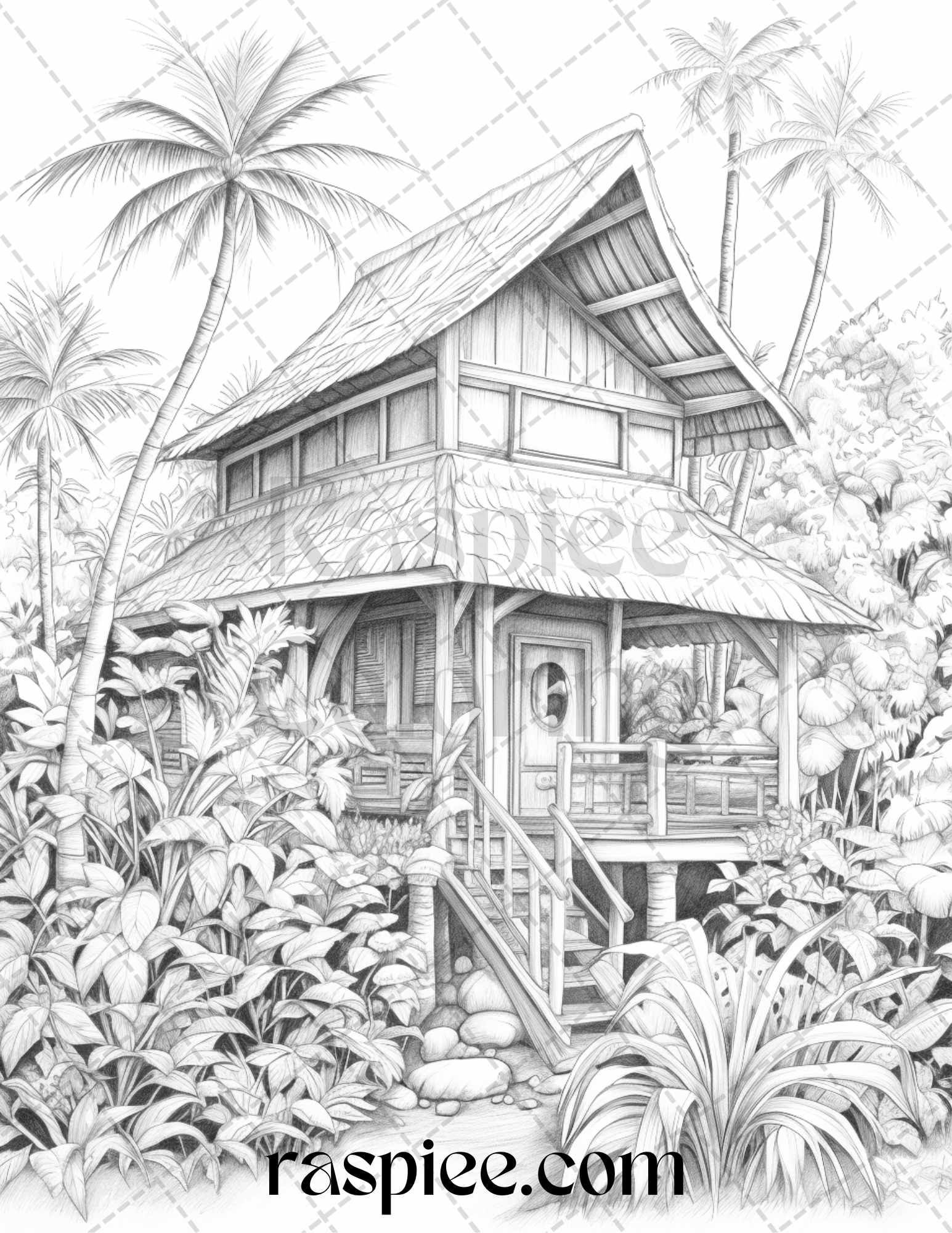 Hawaii tiki houses grayscale coloring pages printable for adults p grayscale coloring coloring pages tiki house