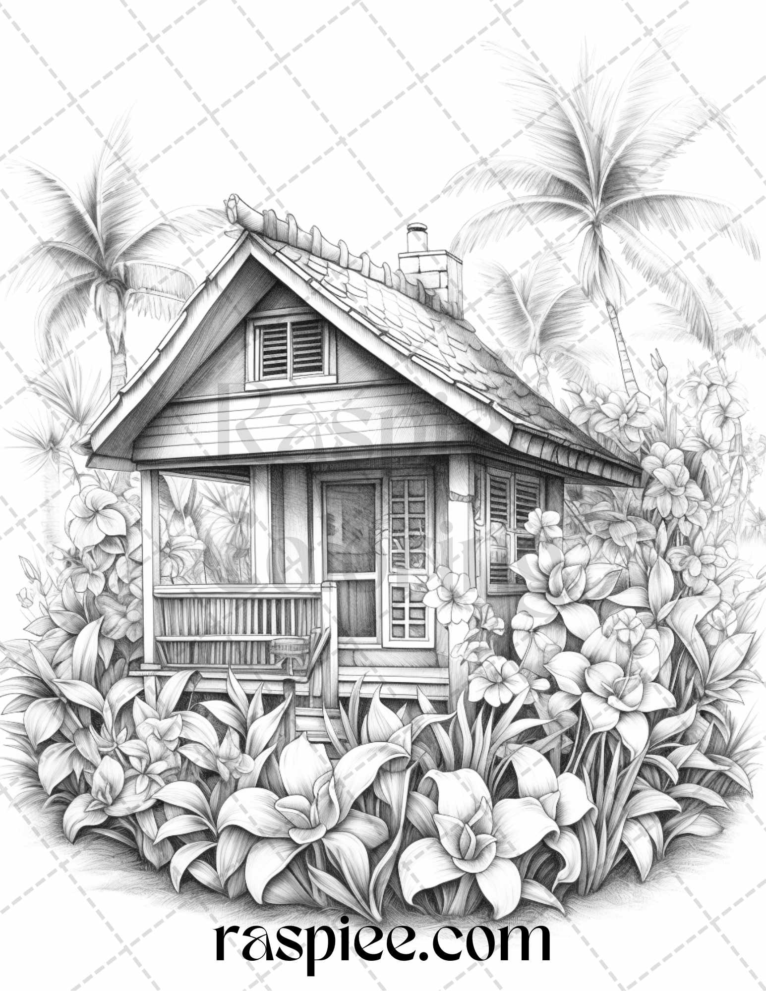 Hawaii tiki houses grayscale coloring pages printable for adults p â coloring