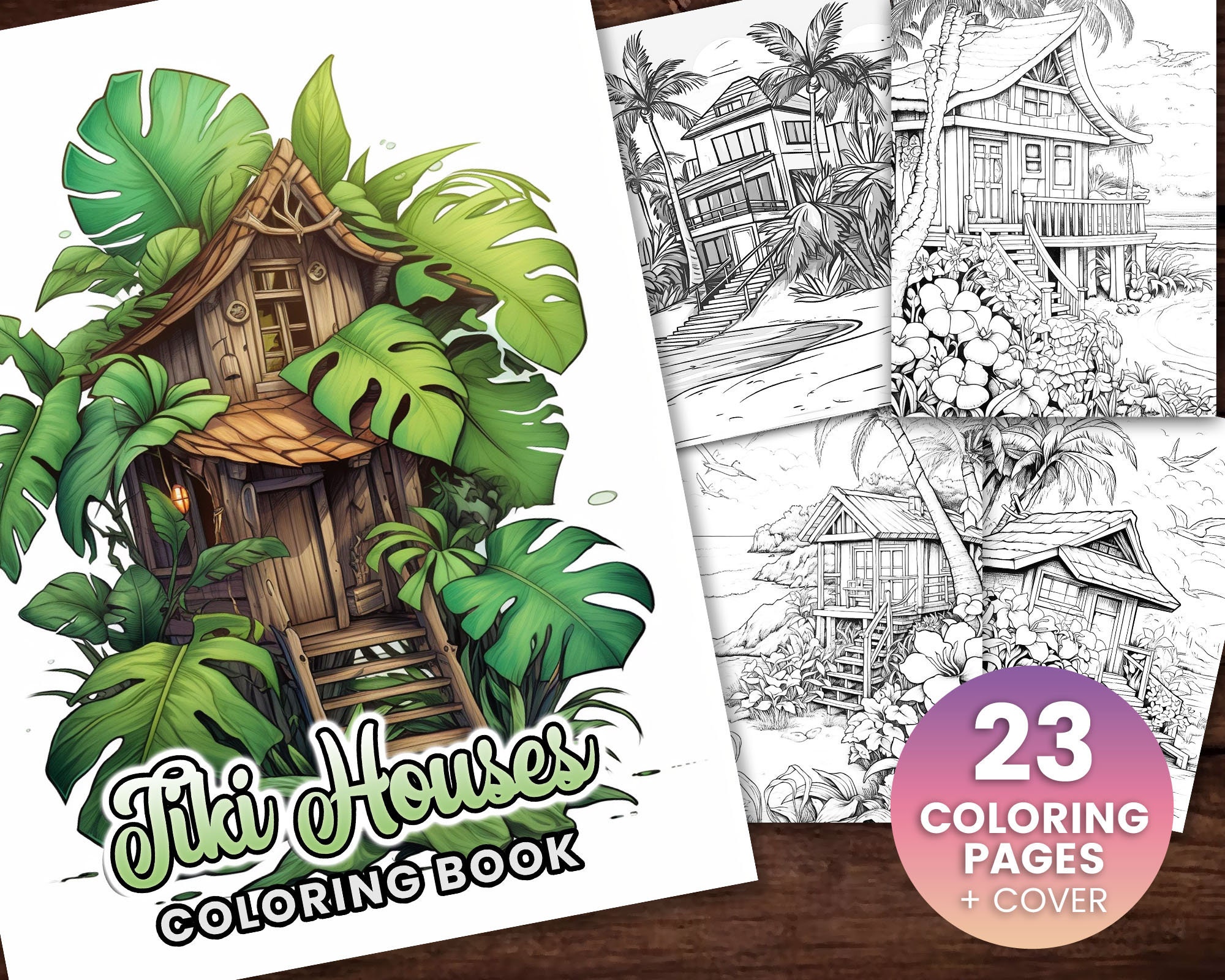 Tiki tropical houses coloring book adults kids instant download grayscale coloring book printable pdf leafy houses fairy houses