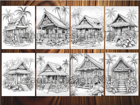 Hawaii tiki house coloring pages for adults exotic island house coloring sheets hawaiian paradise coloring book featuring tiki houses