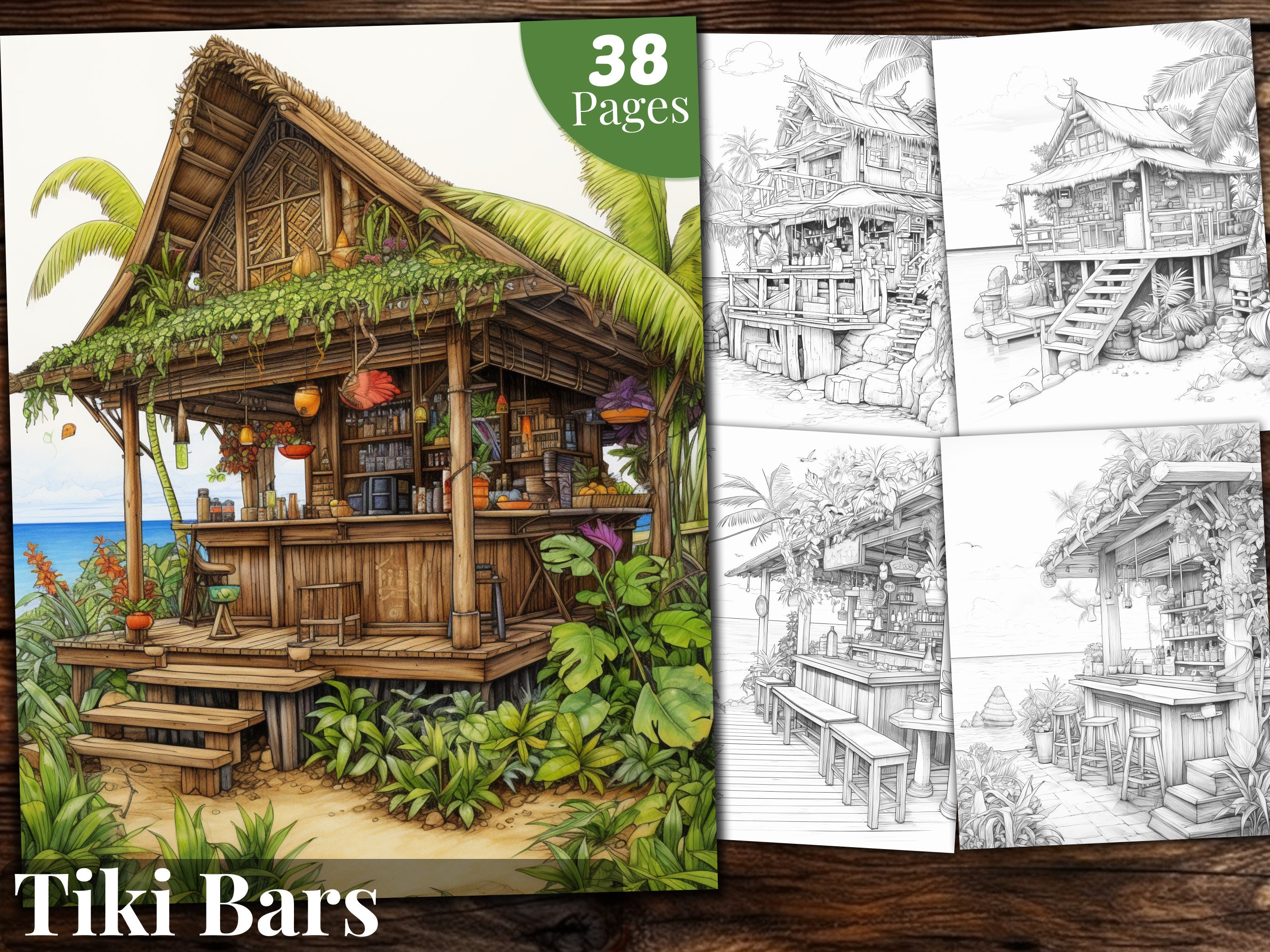 Tiki bar coloring book coloring pages for adults and for kids coloring grayscale coloring book printable pdf