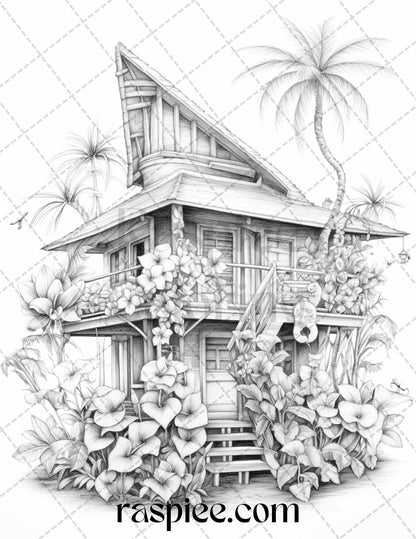 Hawaii tiki houses grayscale coloring pages printable for adults p â coloring
