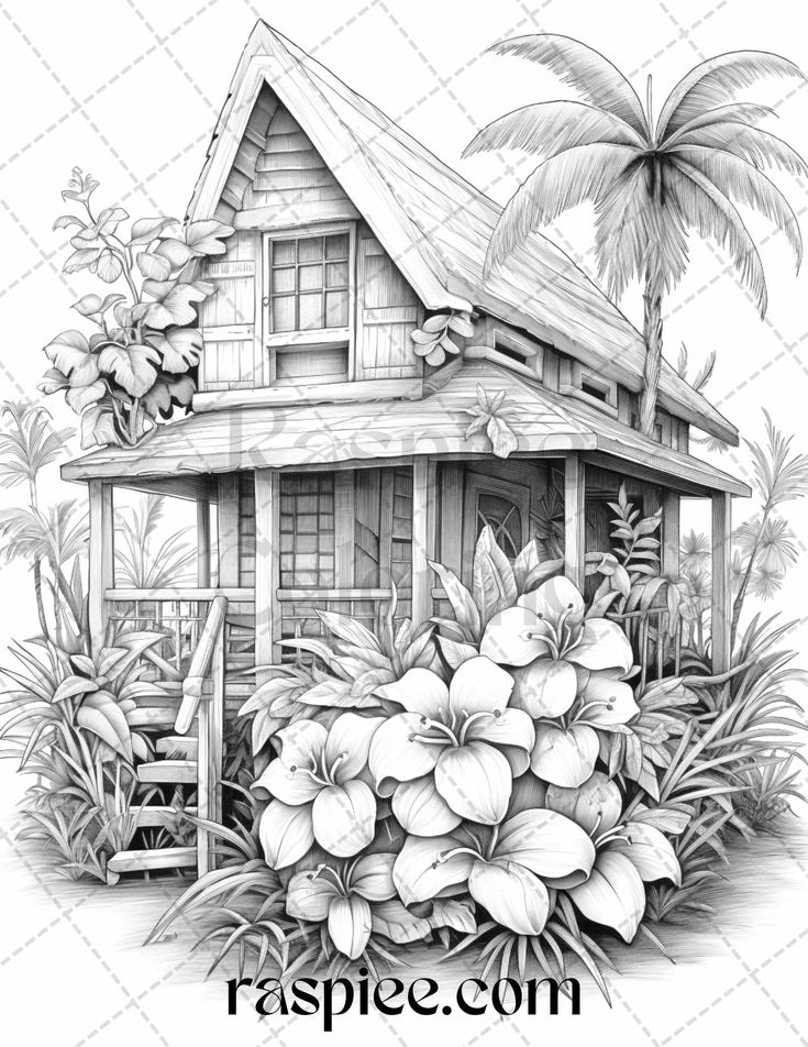Hawaii tiki houses grayscale coloring pages printable for adults p grayscale coloring coloring pages tiki house