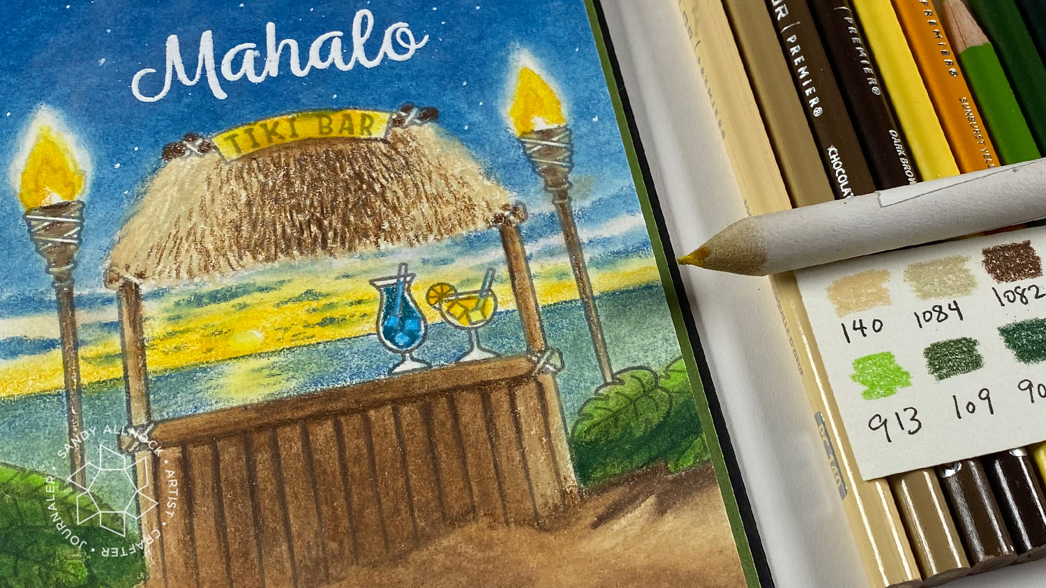 Drawing a tiki hut beach scene in colored pencil sandy allnock