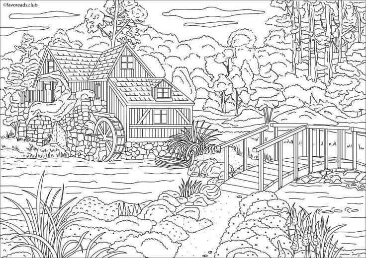 Country spring â house with a mill â favoreads coloring art coloring pages printable adult coloring adult coloring pages