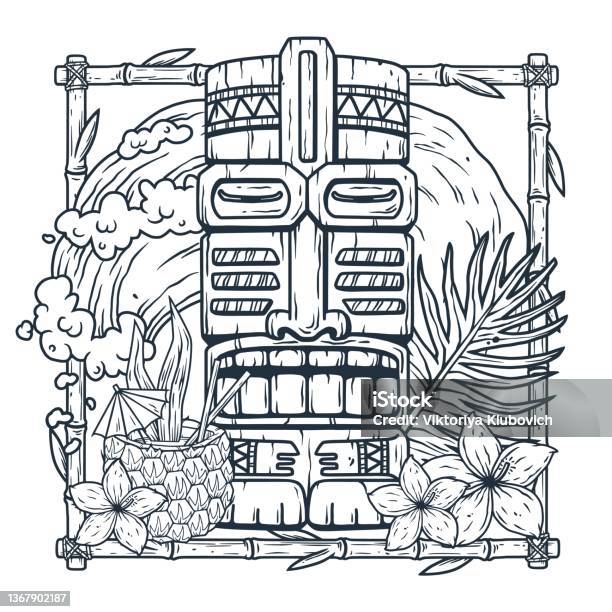 Tiki surfing hawaii print cocktail and wave stock illustration