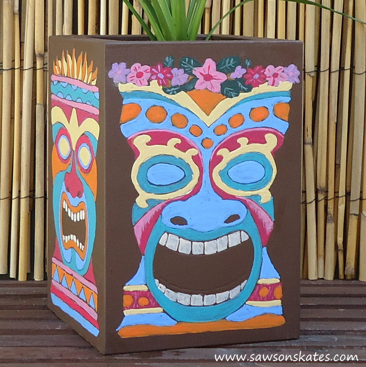 Diy painted wooden tiki mask planter