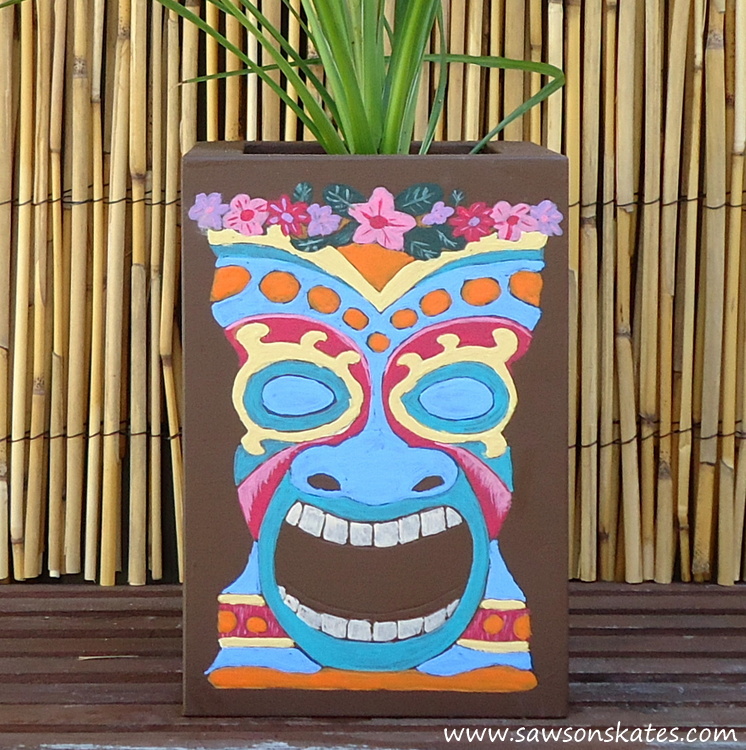 Diy painted wooden tiki mask planter