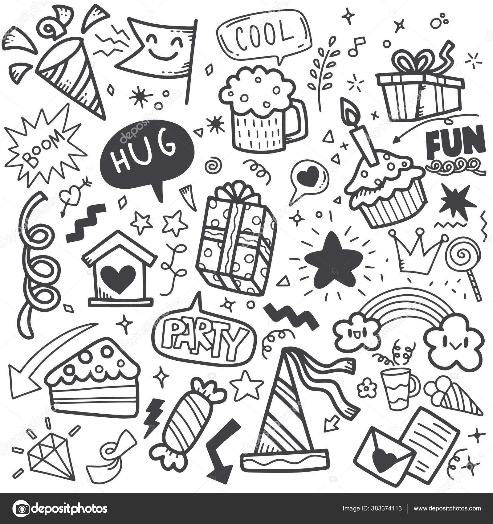 Hãndtegnet fest doodle tillykke med fãdselsdagen ornamenter baggrundsmãnster stock