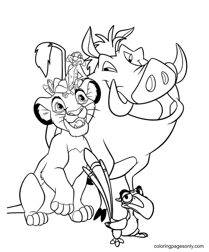 Simba timon pumbaa and zazu coloring page