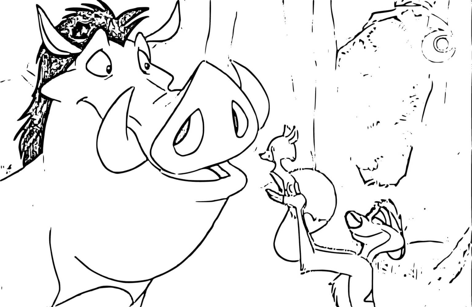Timon holding bird and pumbaa coloring page