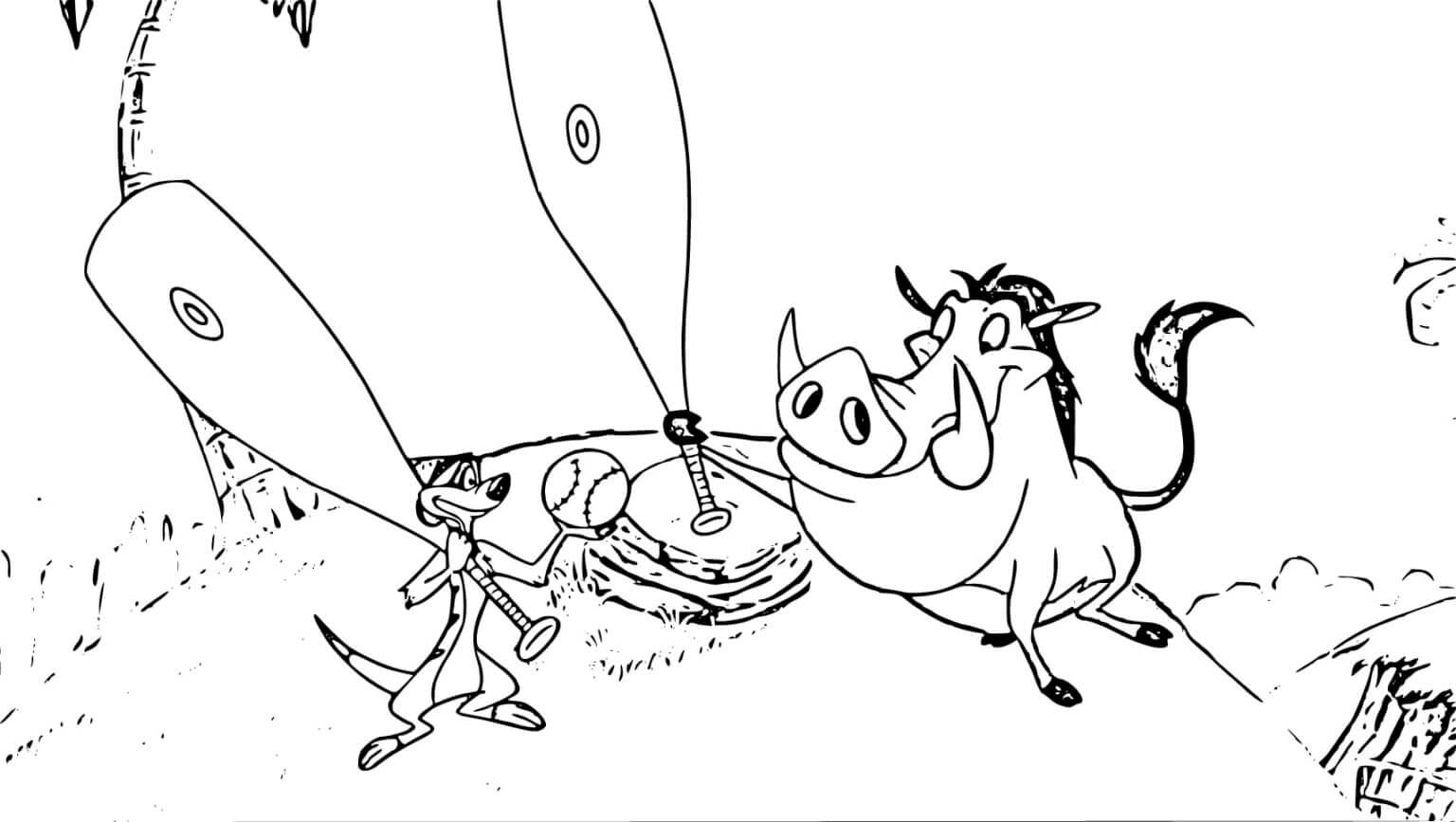Timon and pumbaa playing baseball coloring page