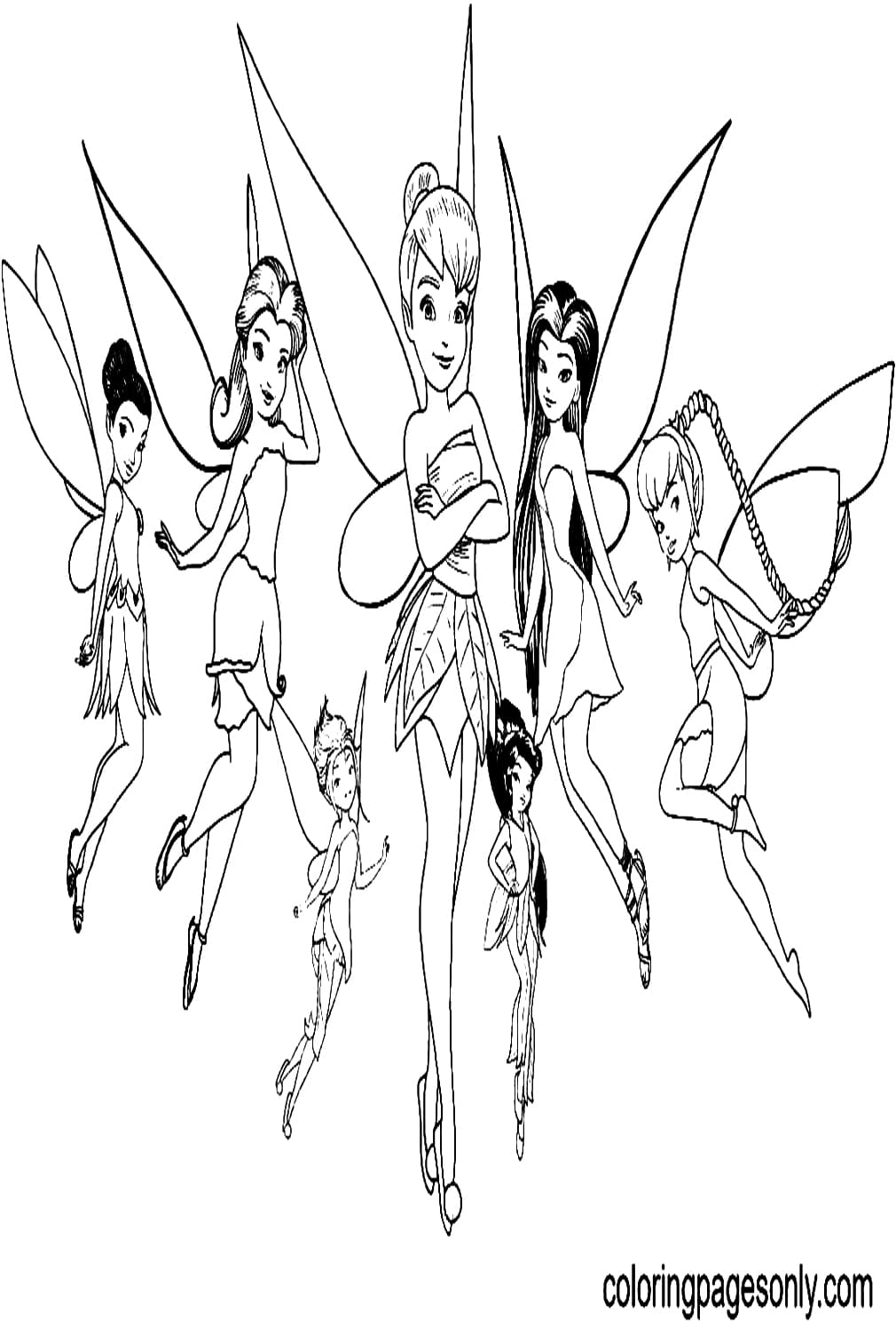 Tinker bell with fairy friends coloring page