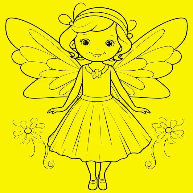 Premium vector beautiful princess fairy tinkerbell with buttlerfly coloring page