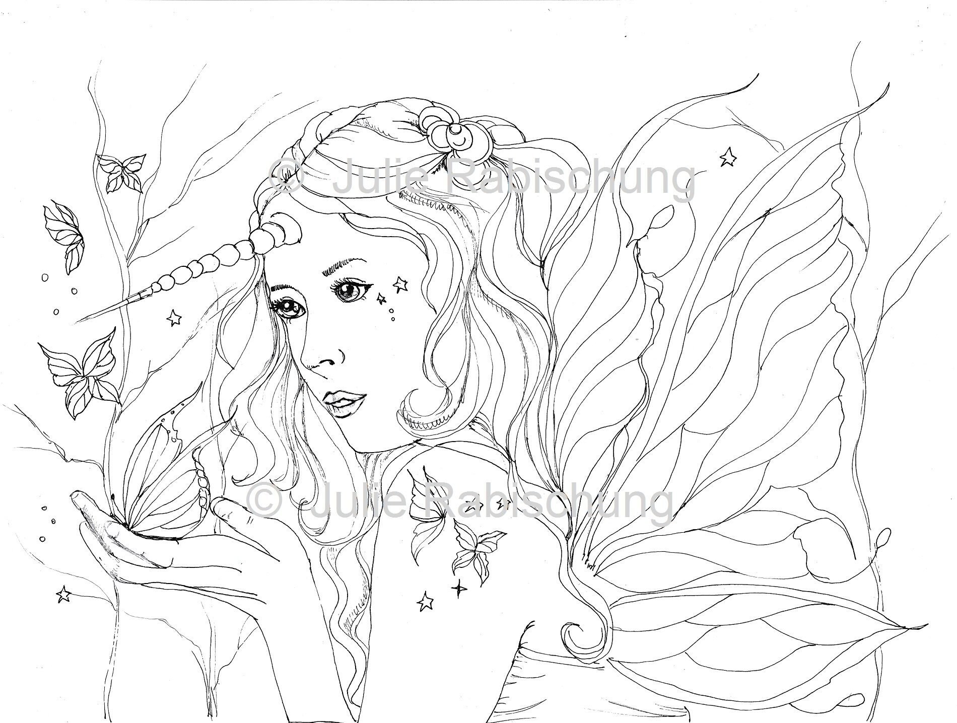 Digitalprintablefairy coloring pageunicornbutterflyfantasyadult coloringcraft supplyscrapbookinglineartdigital stampmagic