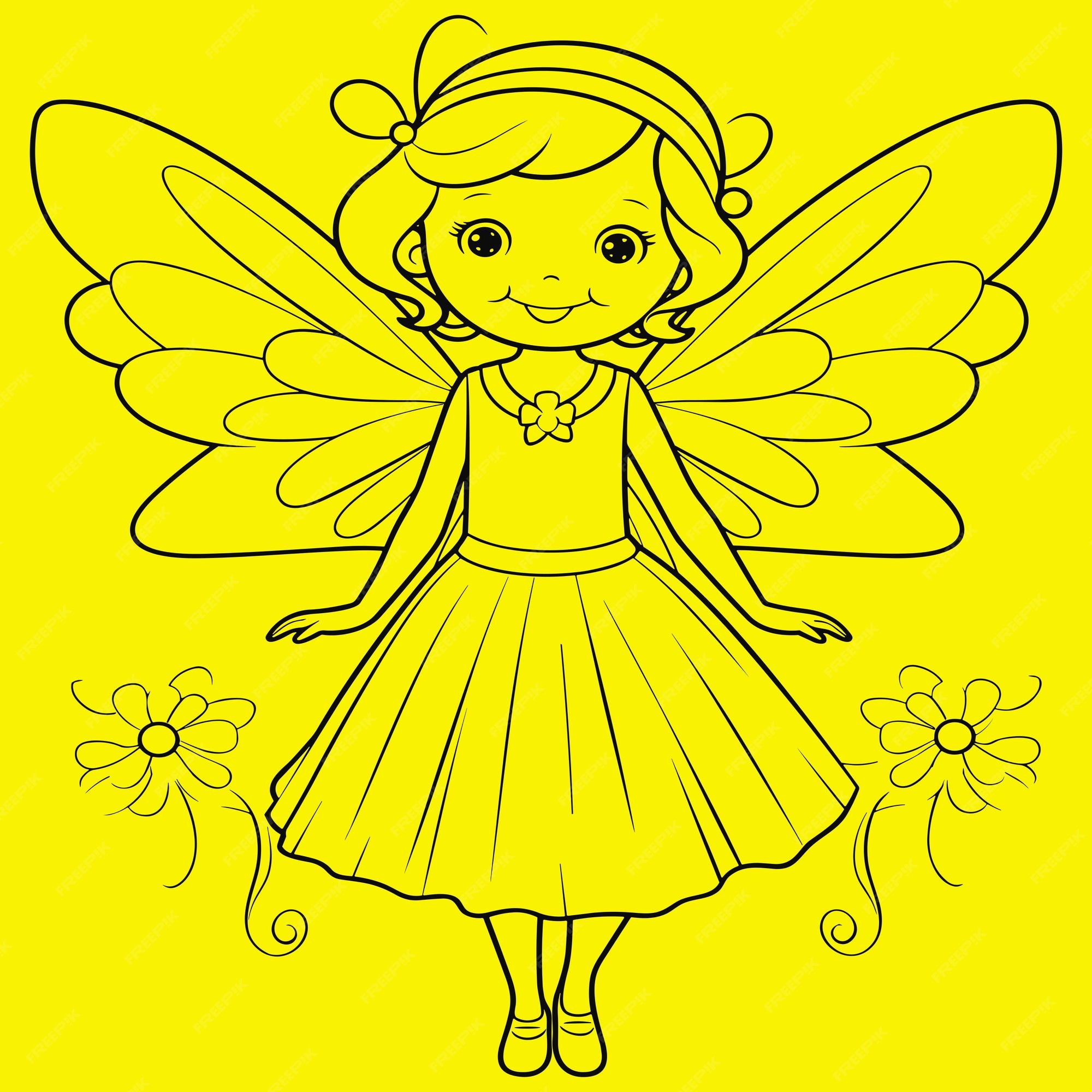 Premium vector beautiful princess fairy tinkerbell with buttlerfly coloring page