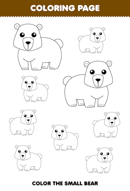Premium vector education game for children coloring page big or small picture of cute cartoon bear animal line art printable worksheet