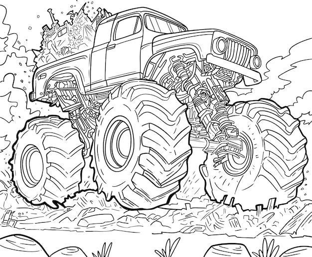 Premium vector hand drawn monster truck coloring page for kids a monster truck with a big tire on the top of it