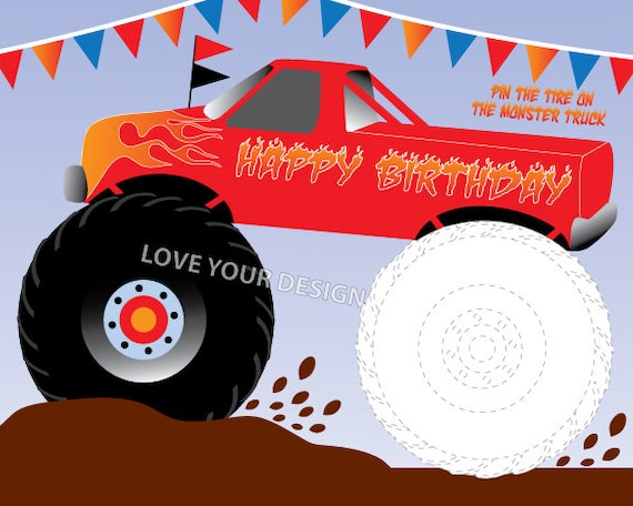 Truck game pin tire on the monster truck happy birthday party game free truck coloring page instant download printable digital jpeg files
