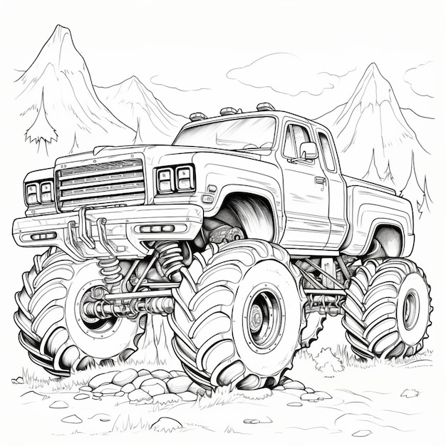 Premium ai image a coloring page of a monster truck with huge tires generative ai