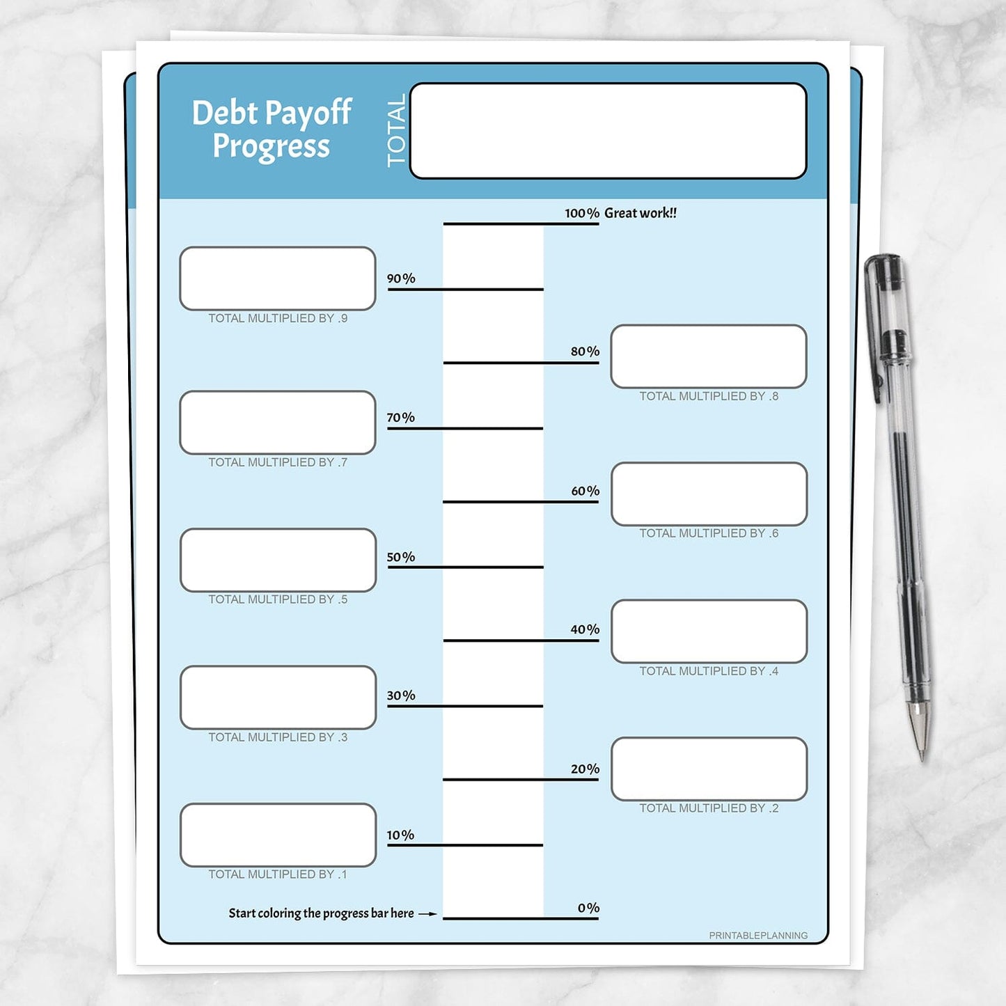 Debt payoff progress bar worksheets in blue