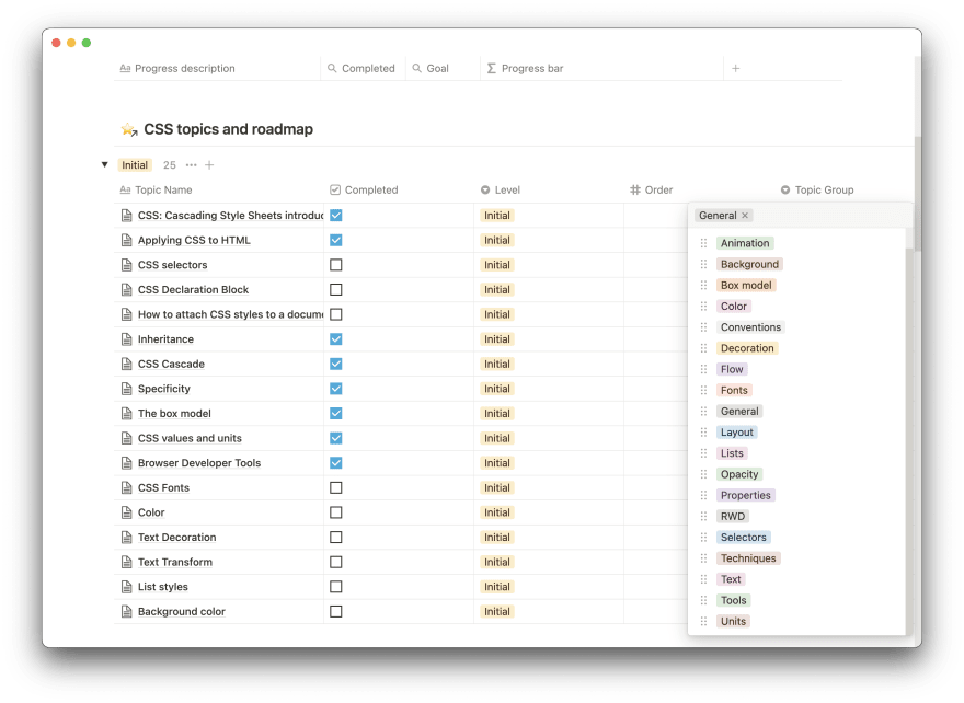 Css study progress tracker and roadmap notion template