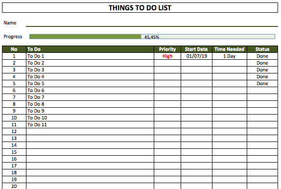 Things to do list template the spreadsheet page