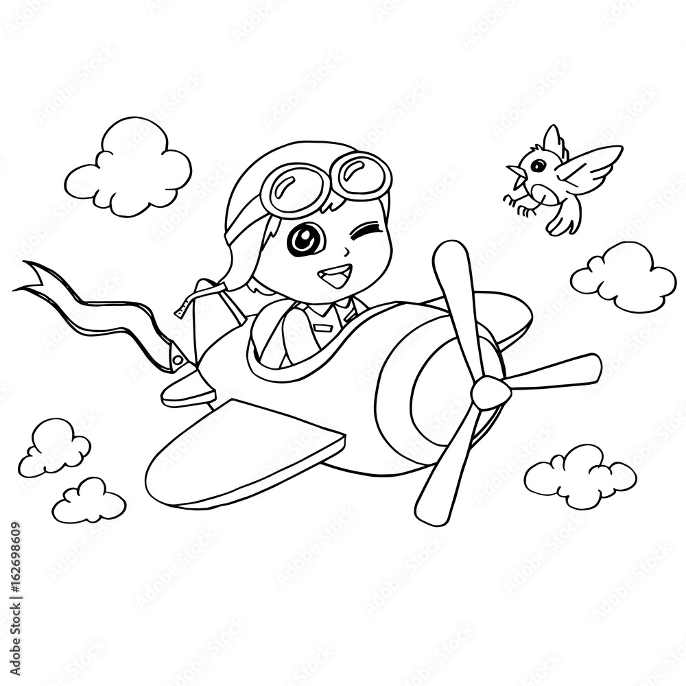 Little boy flying in a toy plane coloring page vector vector