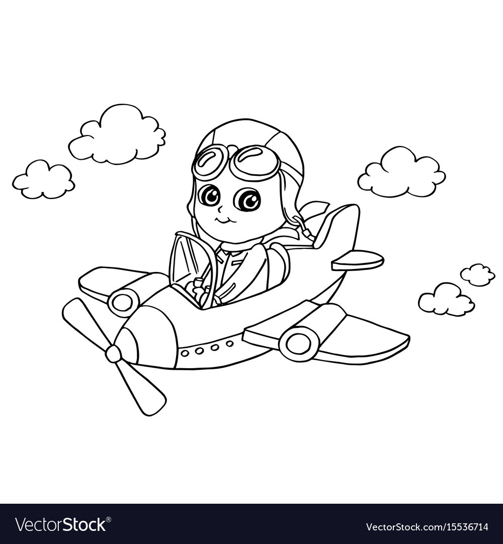 Little boy flying in a toy plane coloring page vec