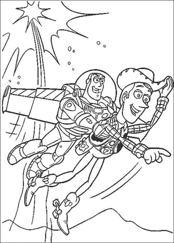 Sheriff woody and buzz lightyear are flying coloring page free printable coloring pages