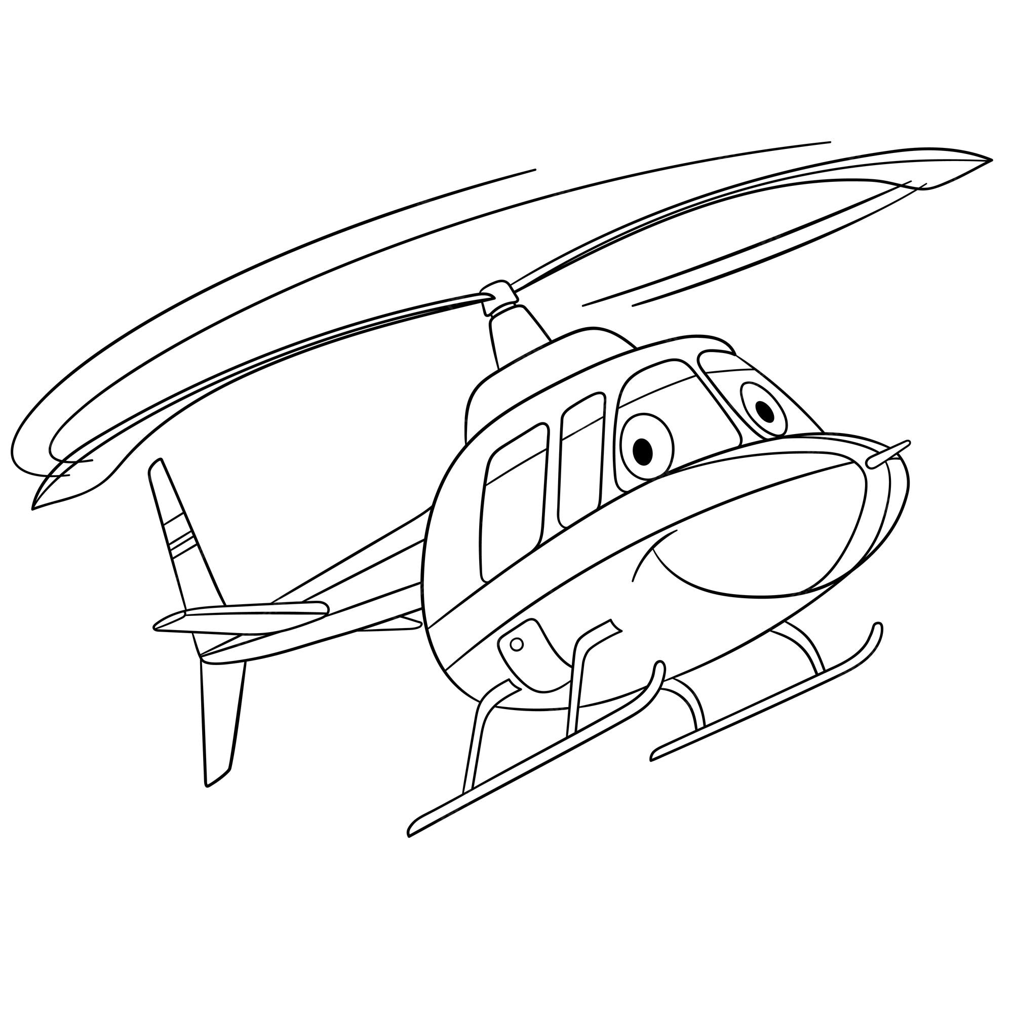 Premium vector helicopter flying cartoon toy vehicle with funny face coloring book page for kids