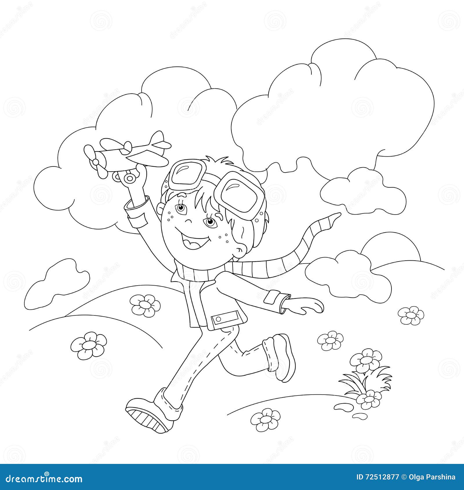 Coloring page outline of cartoon boy with toy plane stock vector